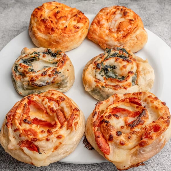 A white plate holds six Angelo's Pizzeria and Ristorante pizza rolls, some with pepperoni, others with spinach.