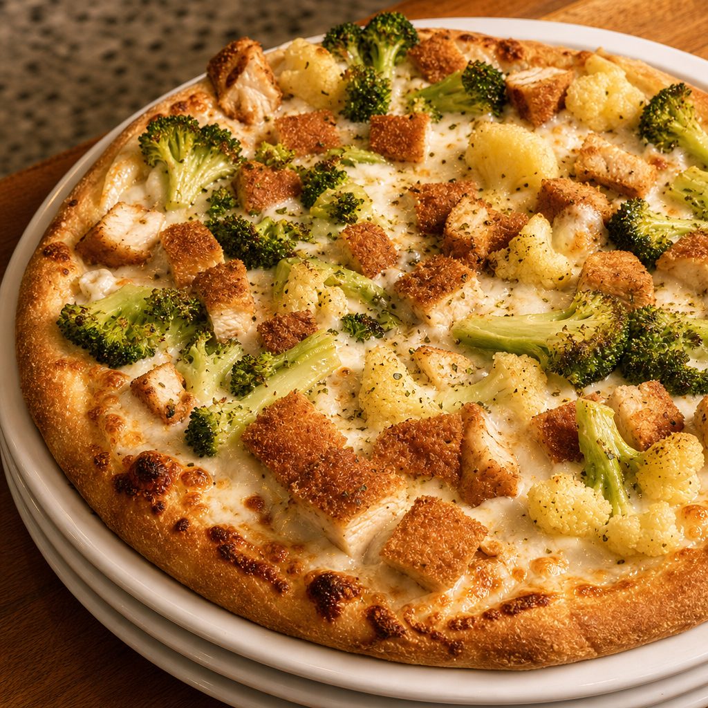 Chicken & Broccoli Pizza.